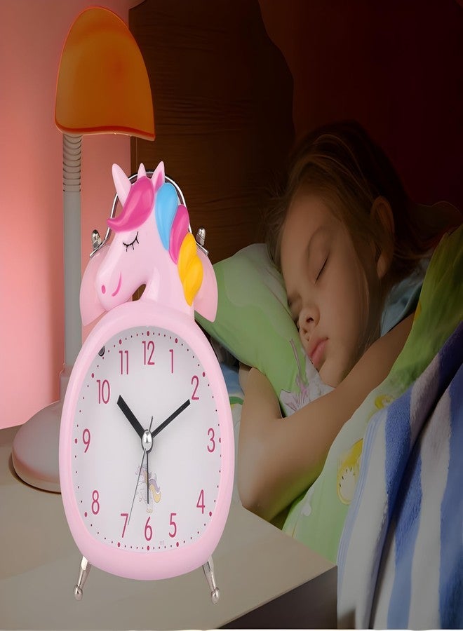 De'rons Twin Bell Analog Table Alarm Clock with Backlight for Heavy Sleepers Loud Alarm Clock for Students Funny Cute Cartoon Unicorn Shape Alarm Clock for Girls Kids Boys Bedroom 13.5 x 10 cm (Pink) - Image 2